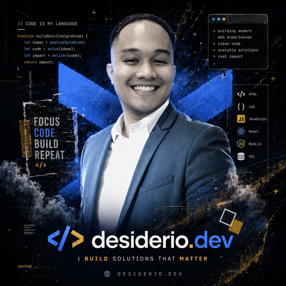 Miguel Desiderio — desiderio.dev brand card showing his portrait, a code snippet, and his stack: HTML, CSS, JavaScript, React, Node.js and SQL